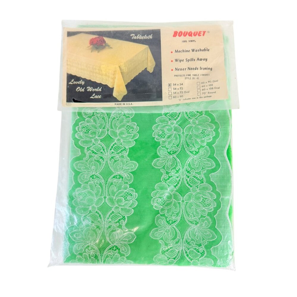 Bouquet Lace Green Vinyl Tablecloth 54 X 54 Square VTG 60s Machine Washable USA